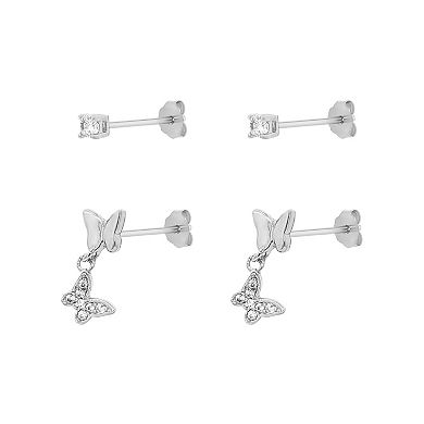 PRIMROSE 14k Gold Over Brass Cubic Zirconia Stud & Double Butterfly Drop Earrings Duo Set