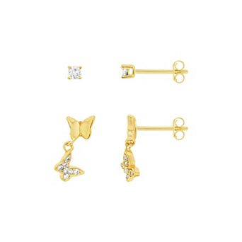 PRIMROSE 14k Gold Over Brass Cubic Zirconia Stud & Double Butterfly Drop Earrings Duo Set