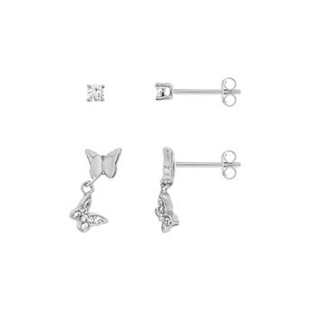 PRIMROSE 14k Gold Over Brass Cubic Zirconia Stud & Double Butterfly Drop Earrings Duo Set