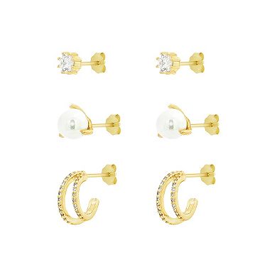 PRIMROSE 14k Gold Plated Cubic Zirconia & Simulated Pearl 3-Piece Stud & C Hoop Earrings Set