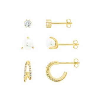 PRIMROSE 14k Gold Plated Cubic Zirconia & Simulated Pearl 3 pc Stud & C Hoop Earrings Set