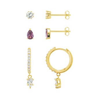 PRIMROSE 3-Pair 14k Gold Flash Plated Cubic Zirconia Stud & Hoop Earrings Set