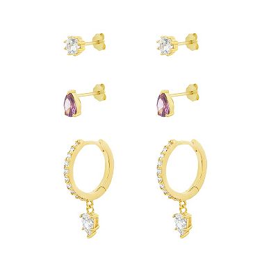 PRIMROSE 3-Pair 14k Gold Flash Plated Cubic Zirconia Stud & Hoop Earrings Set
