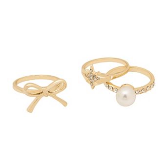Emberly Gold Tone Bow, Star & Simulated Pearl Ring Set