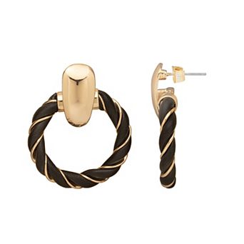 Emberly Gold Tone Faux Leather Doorknocker Post Earrings