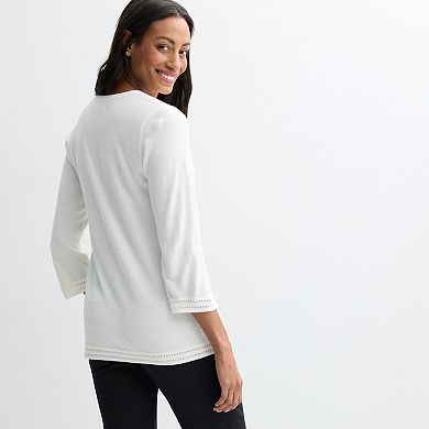 Women's Croft & Barrow® Button Crew Pointelle Trim Sweater