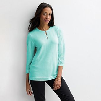 Women's Croft & Barrow® Button Crew Pointelle Trim Sweater