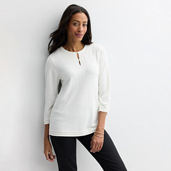 Women's Croft & Barrow® Button Crew Pointelle Trim Sweater