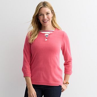 Women's Croft & Barrow® Button Crew Pointelle Trim Sweater