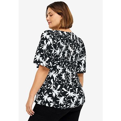 ellos Plus Size V-Neck A-Line Blouse With Smocked Bodice