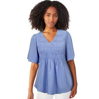 ellos Plus Size V-Neck A-Line Blouse With Smocked Bodice