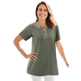 Woman Within Plus Size Lace-Up Knit Tee