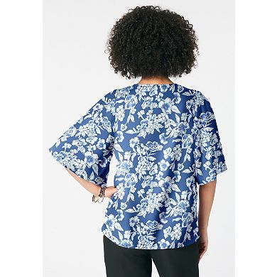 Roaman's Women's Plus Size Notch-Neck Flutter-Sleeve Blouse