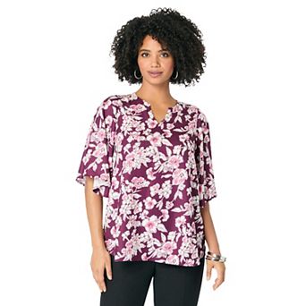 Roaman's Women's Plus Size Notch-Neck Flutter-Sleeve Blouse