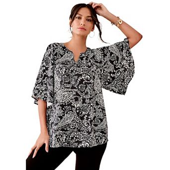 Roaman's Women's Plus Size Notch-Neck Flutter-Sleeve Blouse