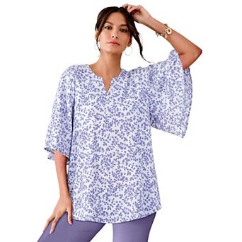 Roaman's Women's Plus Size Notch-Neck Flutter-Sleeve Blouse