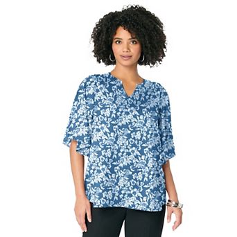 Roaman's Women's Plus Size Notch-Neck Flutter-Sleeve Blouse