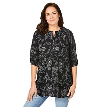 Woman Within Plus Size Three-Quarter Sleeve Full Placket Blouse