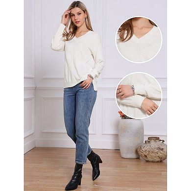 V Neck Sweater for Women's Casual Long Sleeve Lightweight Pullover Soft Knitted Tops