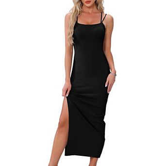 Maxi Bodycon Dress for Women's Elastic Spaghetti Strap Slit Party Club Long Dresses