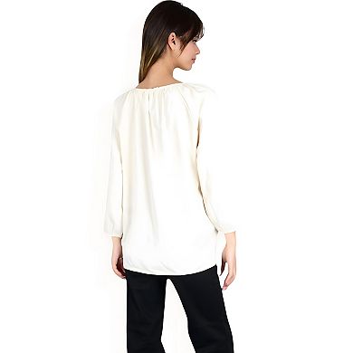 Women's 3/4 Sleeve Blouse with Gathered Neckline and Button Details