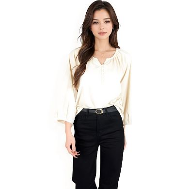 Women's 3/4 Sleeve Blouse with Gathered Neckline and Button Details