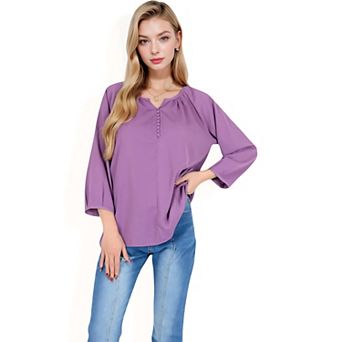 Women's 3/4 Sleeve Blouse with Gathered Neckline and Button Details