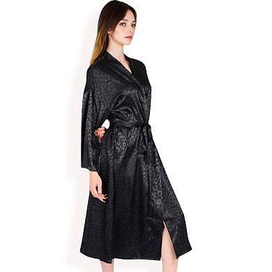 Women's Leopard Print Satin Nightgown with Matching Long Robe and Adjustable Straps