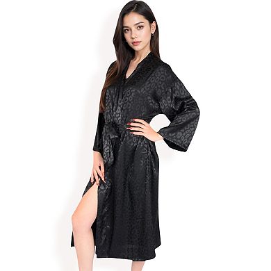 Women's Leopard Print Satin Nightgown with Matching Long Robe and Adjustable Straps