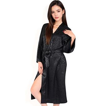 Women's Leopard Print Satin Nightgown with Matching Long Robe and Adjustable Straps