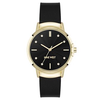 Nine West Women's Round Dial Black Faux Leather Strap Watch
