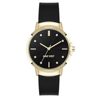 Nine West Women's Round Dial Black Faux Leather Strap Watch