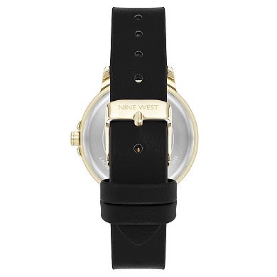 Nine West Women's Round Dial Black Faux Leather Strap Watch