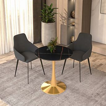 LeisureMod Bristol 27" Round Dining Table - Sintered Stone Top and Gold Steel Pedestal Base