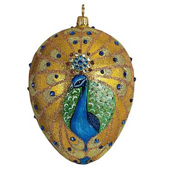 Joy To The World Glitterazzi Golden Peacock Jeweled Egg Polish Glass Christmas Tree Ornament