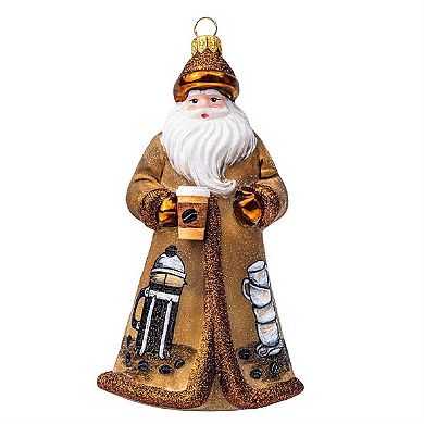 Joy To The World Glitterazzi Coffee Santa With To Go Cup Polish Glass Christmas Ornament