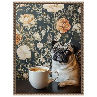 The Latte Loving Pug by Mowzu Framed Canvas Wall Art Print