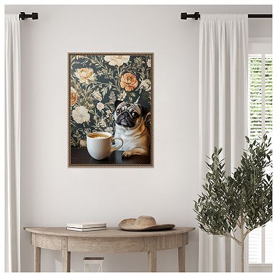 The Latte Loving Pug by Mowzu Framed Canvas Wall Art Print