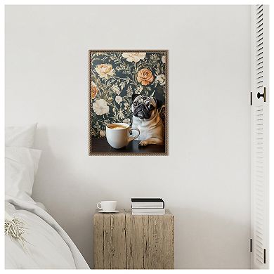 The Latte Loving Pug by Mowzu Framed Canvas Wall Art Print