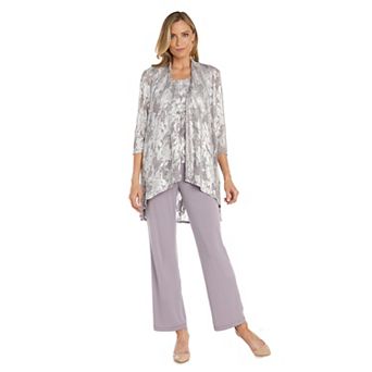 Women's R&M Richards 3 pc Foil Jacquard Print Pantsuit with Detachable Necklace