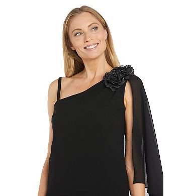Women's R&M Richards One-Shoulder Dress with Glitter Floral Trim