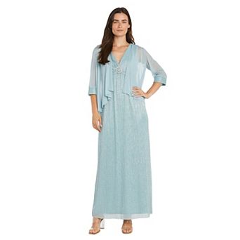 Women's R&M Richards 2 pc Long Mesh Jacket Dress with Crinkle Pleated Sleeveless Design