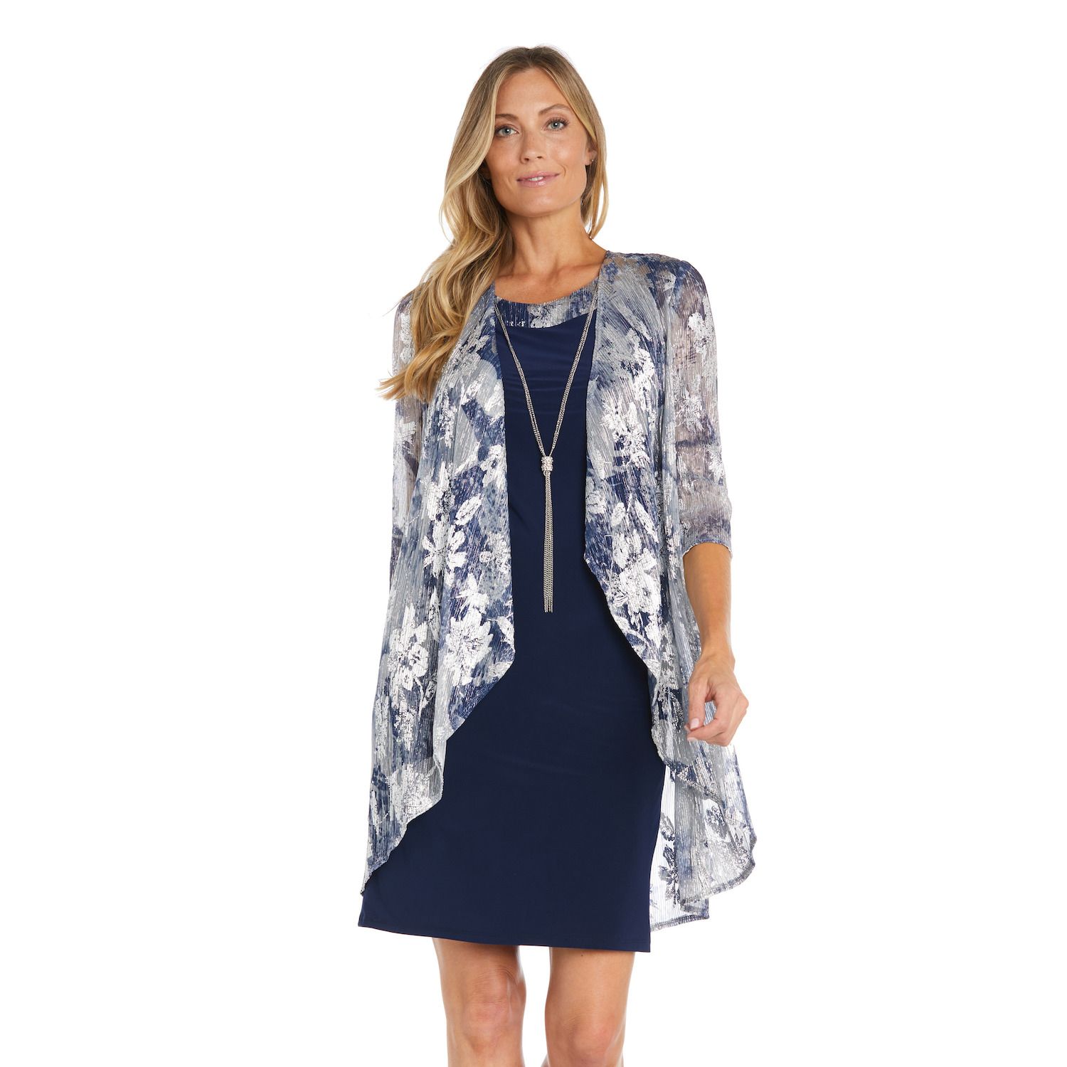 Женские платья R&M Richards 2 pc Pleated Printed Lurex Jacket Dress with Necklace
