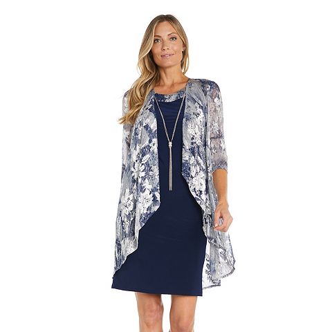 Женские платья R&M Women's R&M Richards 2 pc Pleated Printed Lurex Jacket Dress with Necklace