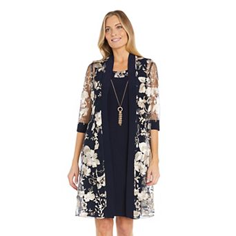 Women's R&M Richards 2 pc Floral Duster Jacket Dress with Tank Top and Necklace