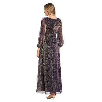 Women's R&M Richards Long Crinkle Pleated Dress with Rhinestone Trim and Long Sleeves