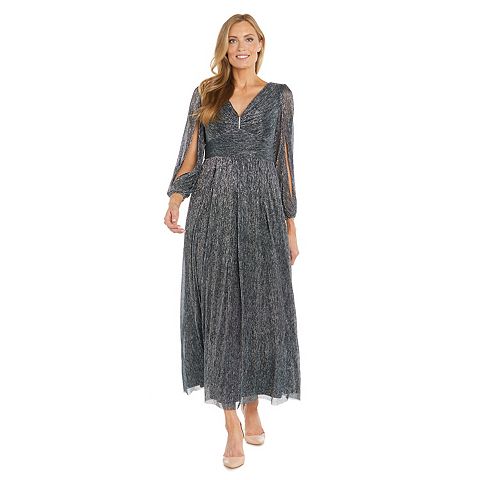 Женские платья R&M Women's R&M Richards Long Crinkle Pleated Dress with Rhinestone Trim and Long Sleeves