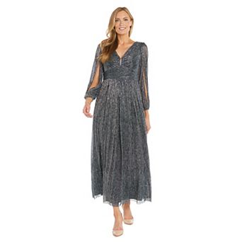 Women's R&M Richards Long Crinkle Pleated Dress with Rhinestone Trim and Long Sleeves