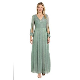 Women's R&M Richards Long Crinkle Pleated Dress with Rhinestone Trim and Long Sleeves