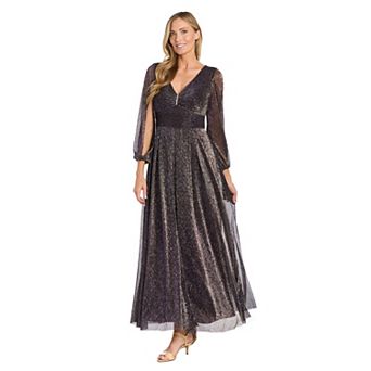 Women's R&M Richards Long Crinkle Pleated Dress with Rhinestone Trim and Long Sleeves